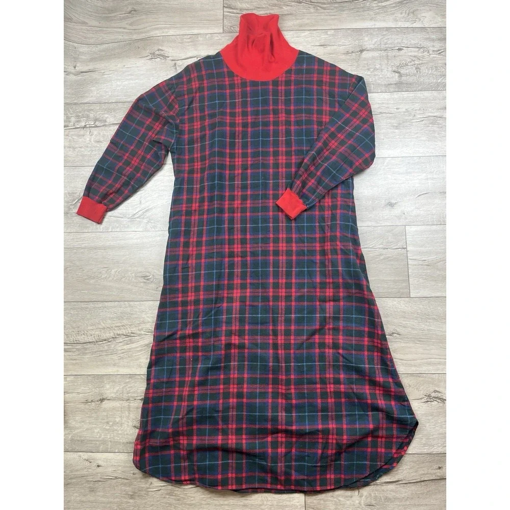 VTG LL BEAN Nightgown Women's Small Long Flannel Turtleneck Plaid Red Blue Black